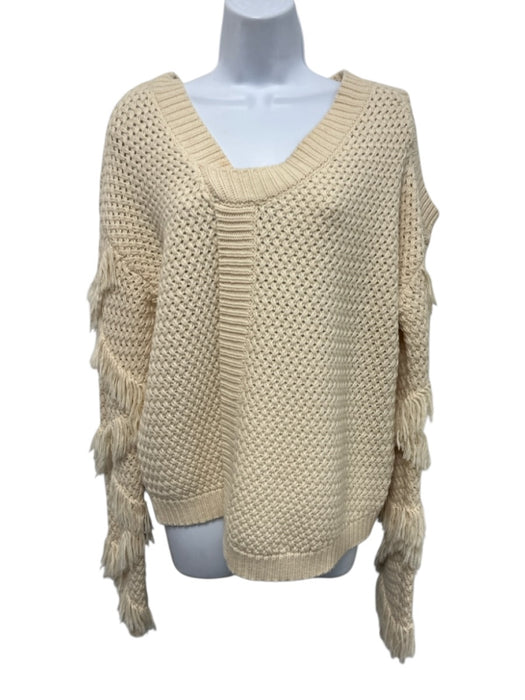 Yigal Azrouel Size 8 Ivory Cream Merino Wool Cold Shoulder Fringe Sweater Ivory Cream / 8