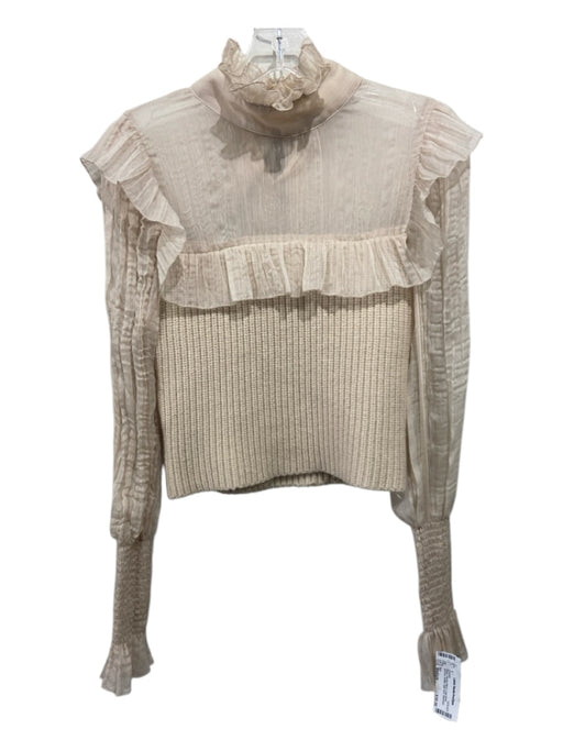 Zara Size Medium Beige Viscose Blend Long Sheer Sleeves Ruffles Smocked Sweater Beige / Medium