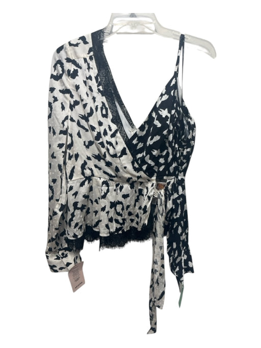Self-Portrait Size 12 Black & Cream Viscose Long Sleeve Leopard Lace Trim Top Black & Cream / 12