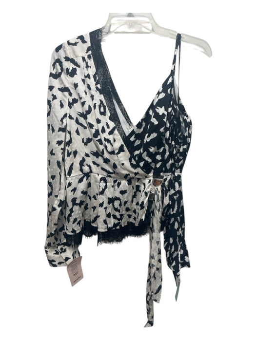Self-Portrait Size 12 Black & Cream Viscose Long Sleeve Leopard Lace Trim Top Black & Cream / 12