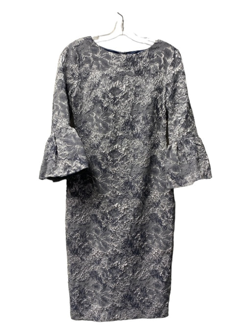 Theia Size 8 Silver & Blue Acetate Blend 3/4 Bell Sleeve Back Zip Floral Dress Silver & Blue / 8