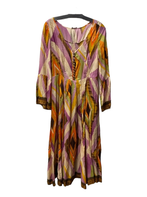 Walter Size Medium Multi Silk Long Bell Sleeve V Neck Abstract Print Dress Multi / Medium