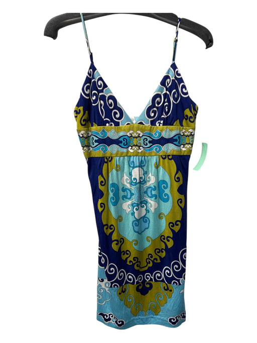 Trina Turk Size 8 Blue & Green Silk V Neck Spaghetti Strap Above knee Dress Blue & Green / 8