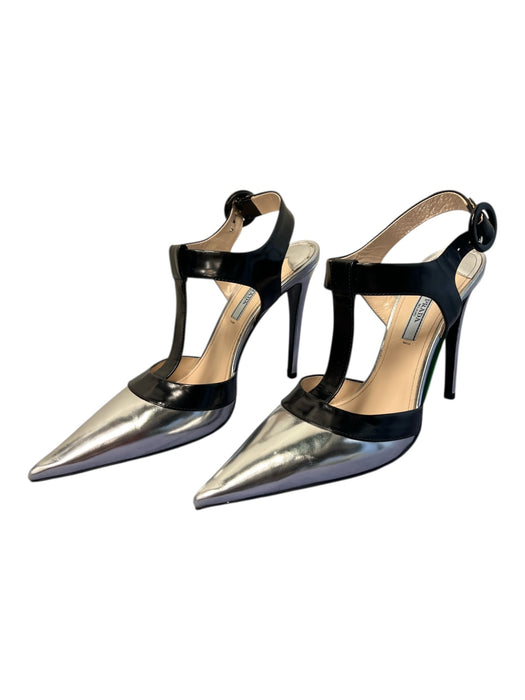 Prada Shoe Size 38.5 Silver & Black Leather Pointed Toe T Strap Sling back Shoes Silver & Black / 38.5