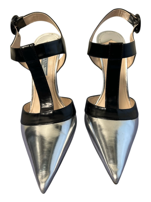 Prada Shoe Size 38.5 Silver & Black Leather Pointed Toe T Strap Sling back Shoes Silver & Black / 38.5