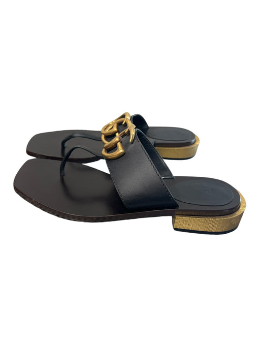 Gucci Shoe Size 38 Black & Gold Manmade Material Thong Strap Slip On Logo Shoes Black & Gold / 38