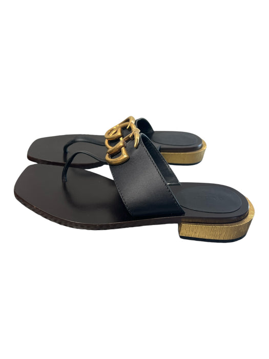 Gucci Shoe Size 38 Black & Gold Manmade Material Thong Strap Slip On Logo Shoes Black & Gold / 38