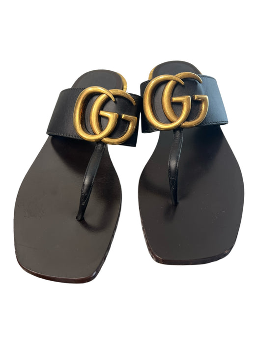 Gucci Shoe Size 38 Black & Gold Manmade Material Thong Strap Slip On Logo Shoes Black & Gold / 38
