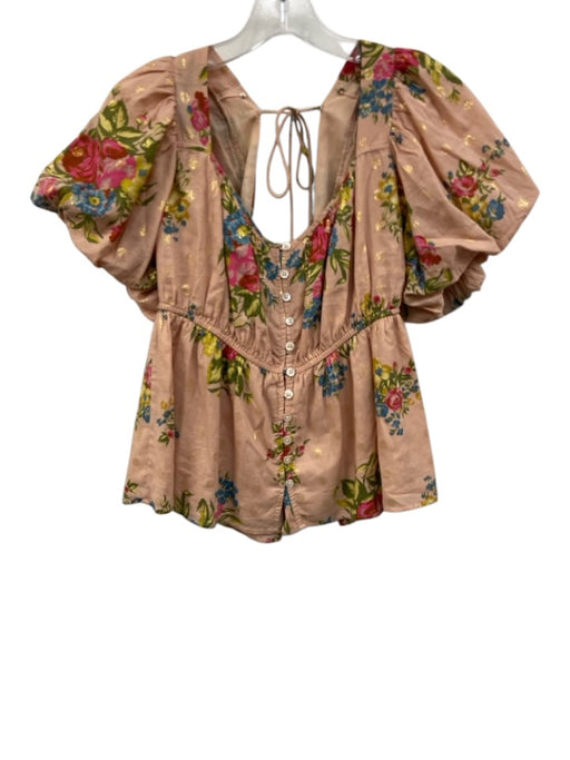 Love The Label Size S Blush Pink, Blue & Green Cotton Short Balloon Sleeve Top Blush Pink, Blue & Green / S