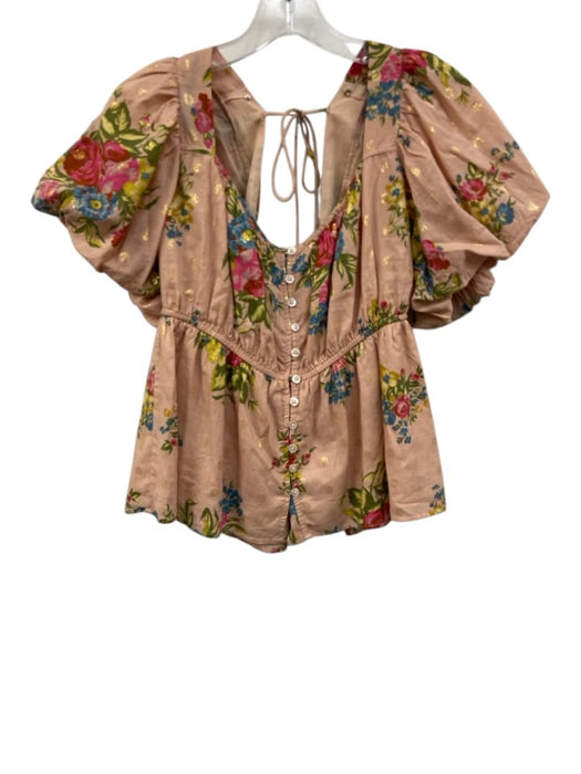 Love The Label Size S Blush Pink, Blue & Green Cotton Short Balloon Sleeve Top Blush Pink, Blue & Green / S