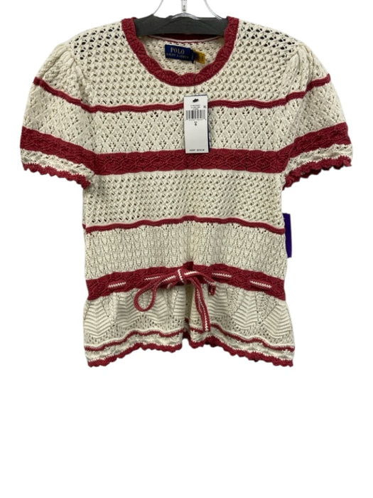 Polo Size S/P Cream & Red Cotton Crochet Knit scallop trim Short Sleeve Top Cream & Red / S/P