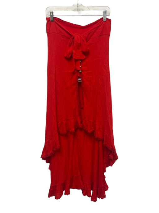 Peixoto Size S Red Rayon Gold button Waist tie Trim High Low Skirt Red / S