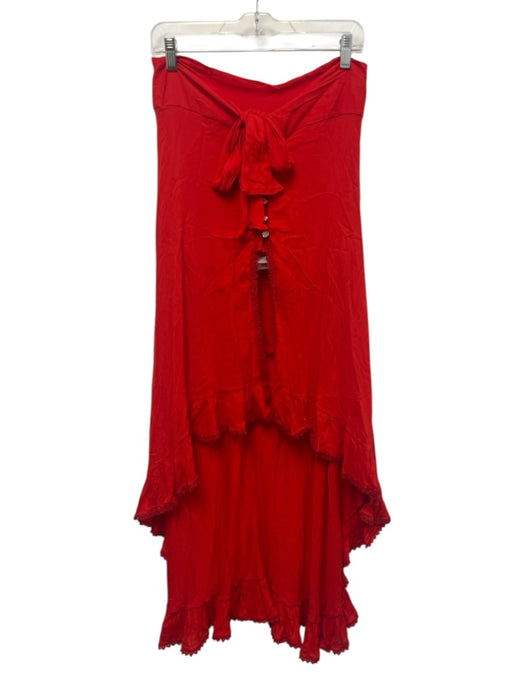 Peixoto Size S Red Rayon Gold button Waist tie Trim High Low Skirt Red / S