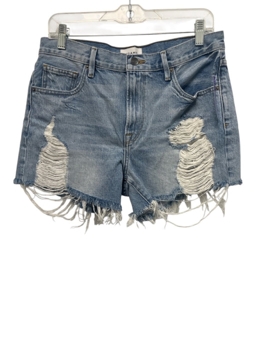 Frame Size 25 Light Wash Cotton Denim Distressed Zip & Button Cut Off Shorts Light Wash / 25