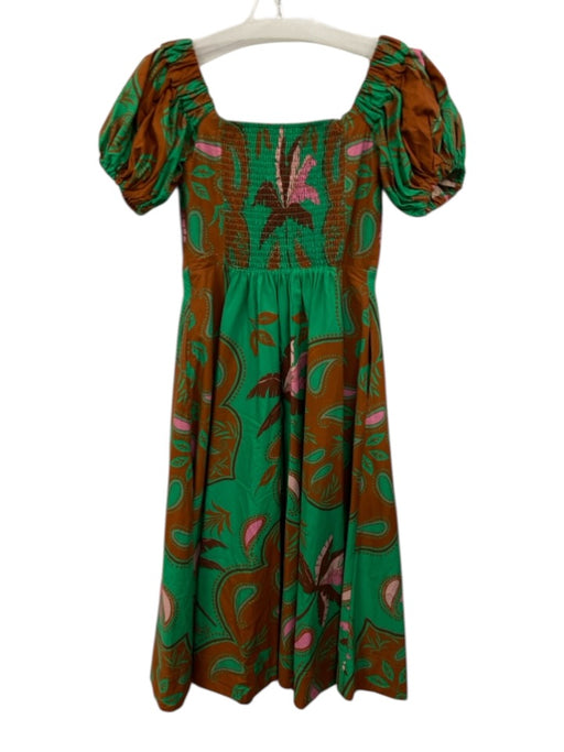 Maeve Size 4 Green, Brown & Pink Cotton Blend Short Puff Sleeve Dress Green, Brown & Pink / 4