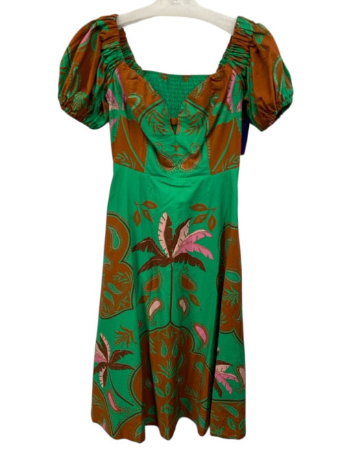 Maeve Size 4 Green, Brown & Pink Cotton Blend Short Puff Sleeve Dress Green, Brown & Pink / 4