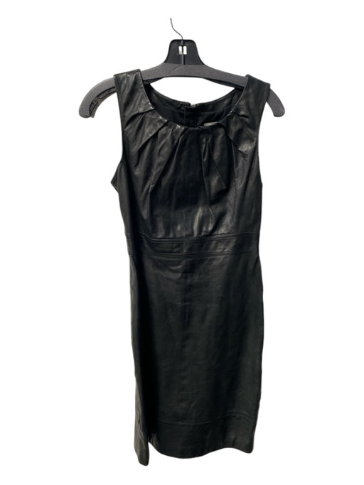 Karen Millen Size 6 Black Leather Round Neck Sleeveless Below the Knee Dress Black / 6