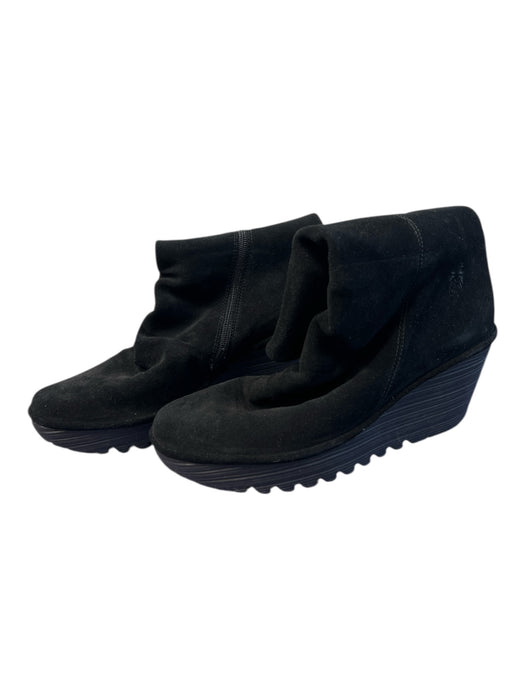 Fly London Shoe Size 40 Black Suede round toe Mid Calf Interior Zip Wedge Boots Black / 40
