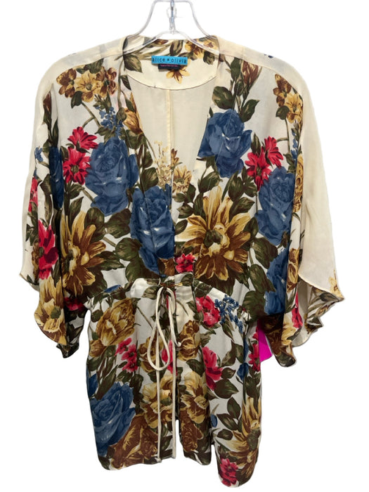 Alice + Olivia Size Small Cream & Multi Silk Short Sleeve Wrap Floral Top