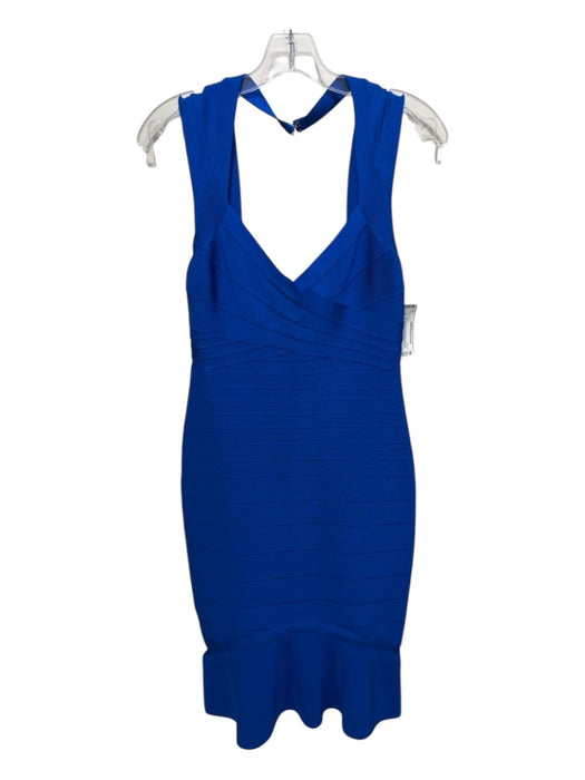 Herve Leger Size L Blue Rayon & Nylon Blend Sleeveless Back Zip V Neck Dress Blue / L