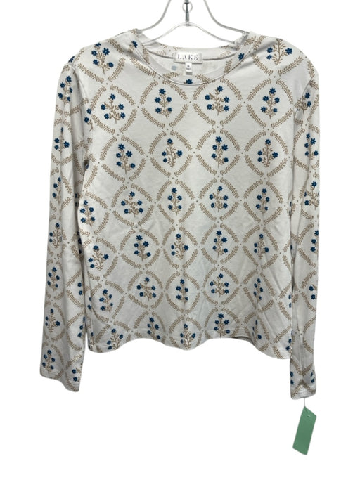 Lake Size M White, Tan, Blue Pima Cotton Flowers Long Sleeve Pajamas Pant Set White, Tan, Blue / M