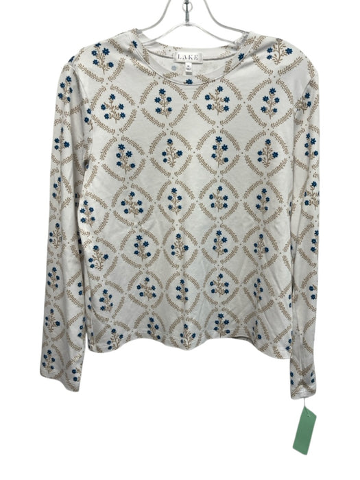 Lake Size M White, Tan, Blue Pima Cotton Flowers Long Sleeve Pajamas Pant Set White, Tan, Blue / M