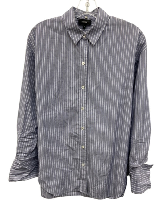 Theory Size P Blue & White Cotton Striped Long Sleeve Button Up Shirt Top Blue & White / P
