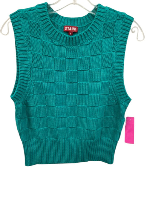 Staud Size M Teal Blue Wool Blend Knit Checked Sleeveless Sweater Vest Top Teal Blue / M