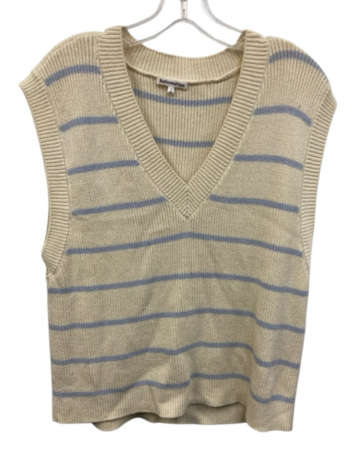 Reformation Size S Cream White & Blue Cotton Ribbed Knit Striped V Neck Top Cream White & Blue / S
