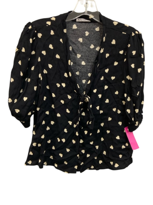 Reformation Size S Black & Cream Viscose Blend Heart Print Button Front Top Black & Cream / S