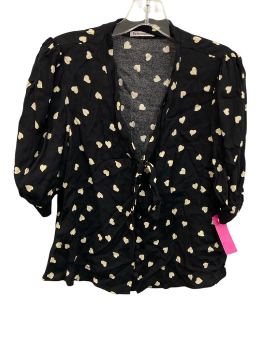 Reformation Size S Black & Cream Viscose Blend Heart Print Button Front Top Black & Cream / S
