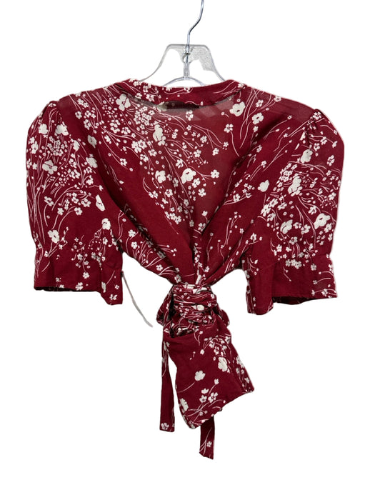 Reformation Size S Red & White Viscose Short Sleeve Floral Print Wrap Peplum Top