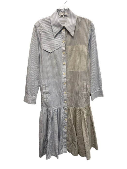 Tibi Size 2 White, Blue & Black Cotton Long Sleeve Stripes Button Up Dress White, Blue & Black / 2