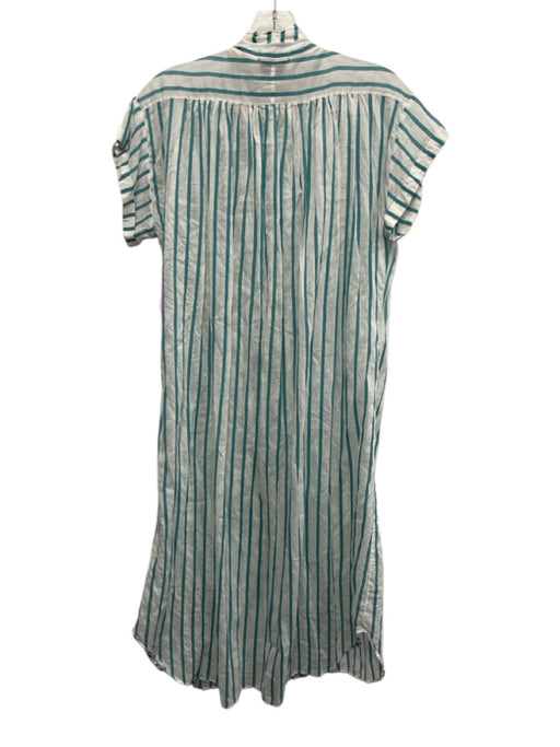 Forte_Forte Size 0 White & Teal Cotton Short Sleeve Vertical Stripes Dress White & Teal / 0