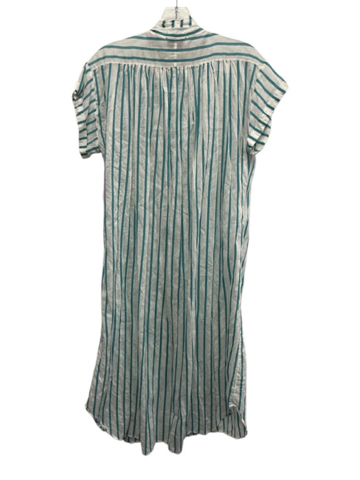 Forte_Forte Size 0 White & Teal Cotton Short Sleeve Vertical Stripes Dress White & Teal / 0