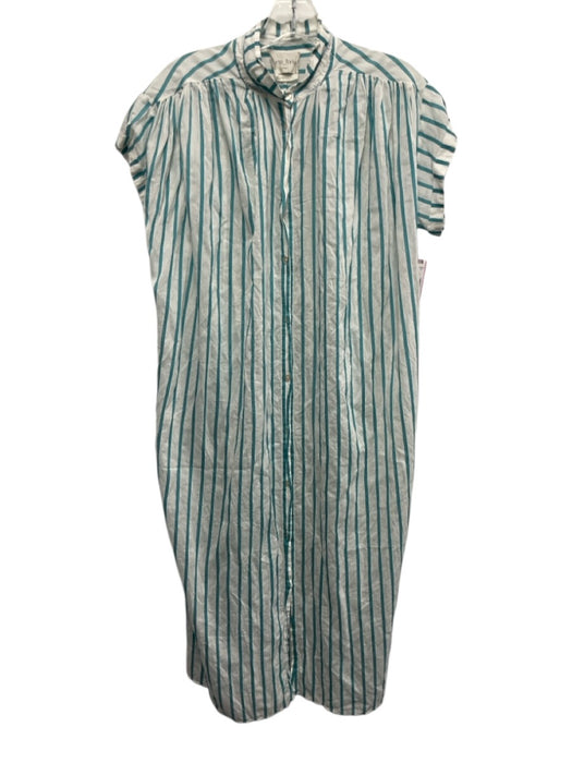 Forte_Forte Size 0 White & Teal Cotton Short Sleeve Vertical Stripes Dress White & Teal / 0