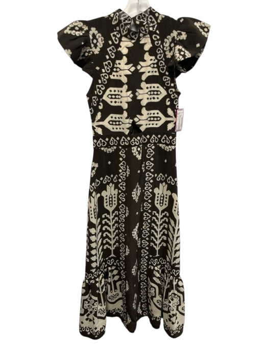 Sea New York Size 2 Brown & Cream Silk Ruffle Short Sleeve Abstract Print Dress Brown & Cream / 2