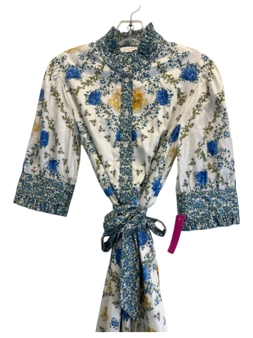 Borgo De Nor Size 10 Blue, Yellow & White 1/2 Sleeve Floral Pleated Collar Dress Blue, Yellow & White / 10
