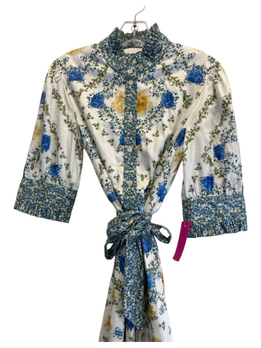 Borgo De Nor Size 10 Blue, Yellow & White 1/2 Sleeve Floral Pleated Collar Dress Blue, Yellow & White / 10
