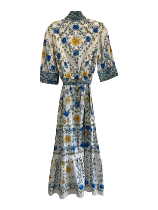 Borgo De Nor Size 10 Blue, Yellow & White 1/2 Sleeve Floral Pleated Collar Dress Blue, Yellow & White / 10