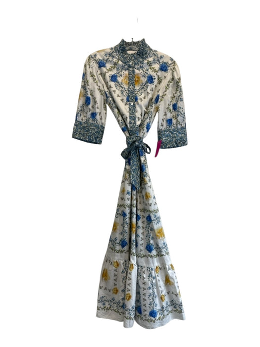 Borgo De Nor Size 10 Blue, Yellow & White 1/2 Sleeve Floral Pleated Collar Dress Blue, Yellow & White / 10