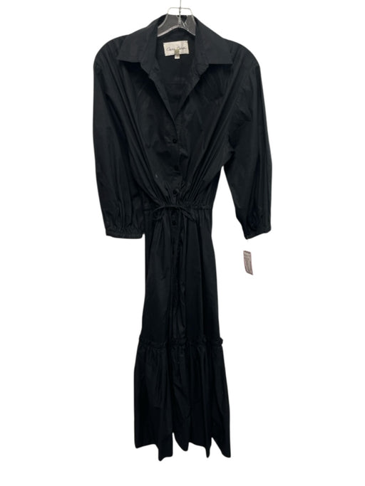 Cara Cara Size XS Black Cotton Long Sleeve Button Front Drawstring Waist Dress Black / XS