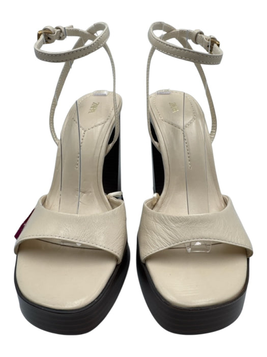 Zara Shoe Size 37 / 6.5 Creme Leather Wood Base Platform Square Toe Sandals Creme / 37 / 6.5