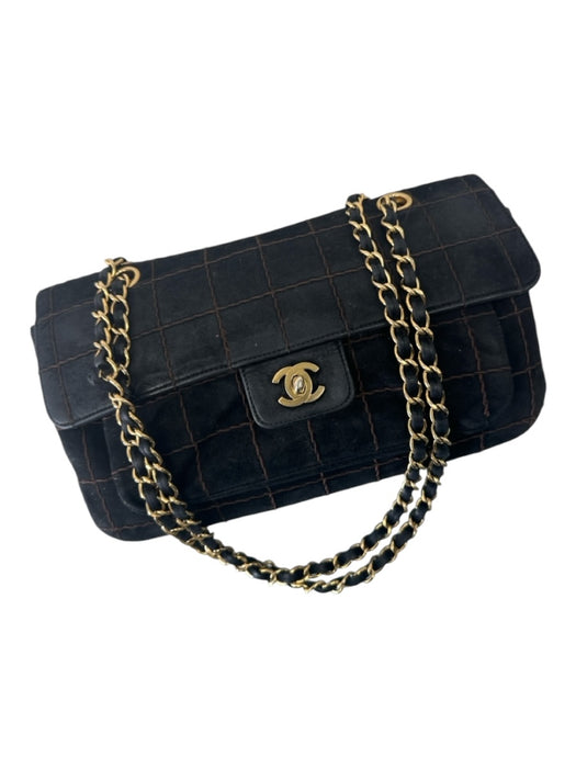 Chanel Black & Brown Suede Quilted Flap Chain Strap Gold Hardware Bag Black & Brown / M