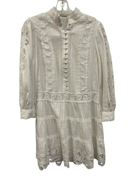 Alice + Olivia Size 4 White Cotton Lace Trim Button Long Sleeve Above Knee Dress White / 4