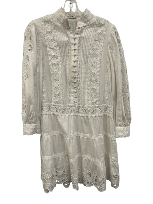 Alice + Olivia Size 4 White Cotton Lace Trim Button Long Sleeve Above Knee Dress White / 4