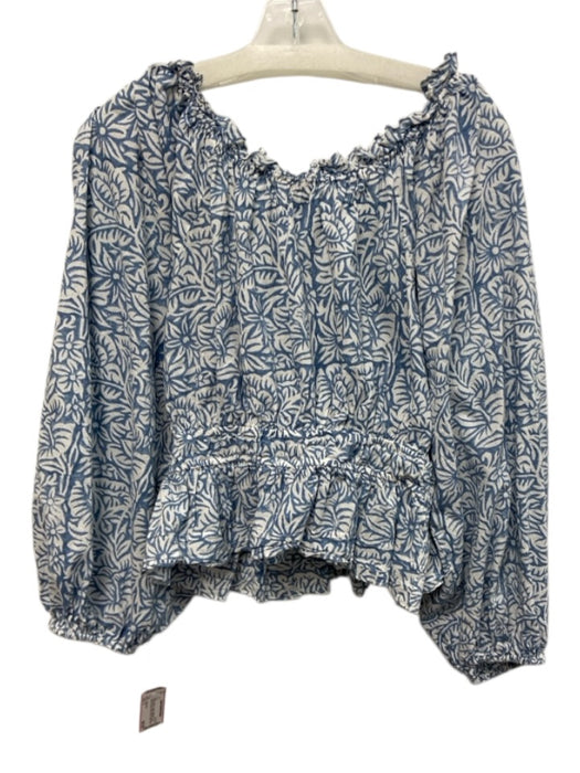 Anna Cate Size S Blue & White Cotton Botanical Long Balloon Sleeve Wide Neck Top Blue & White / S