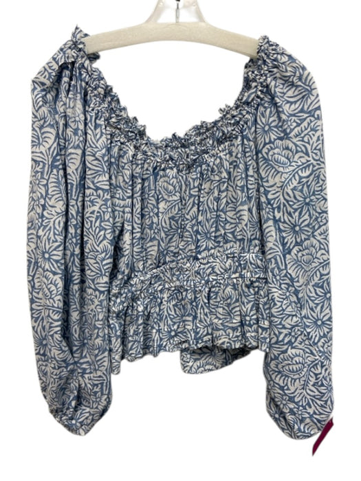 Anna Cate Size S Blue & White Cotton Botanical Long Balloon Sleeve Wide Neck Top Blue & White / S