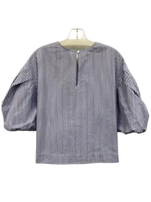 Ann Mashburn Size M White & Blue Cotton Puff Short Sleeve Back Button Top White & Blue / M