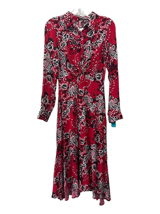 Free People Size 2 Red Black White Viscose Blend Floral Collared Button Up Dress Red Black White / 2